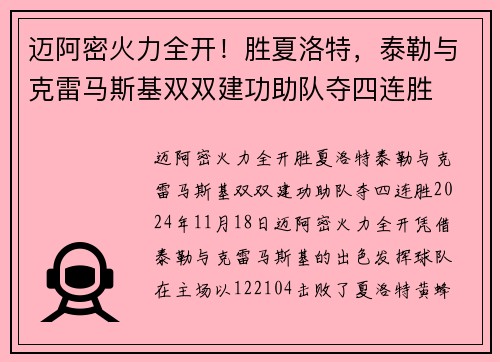 迈阿密火力全开！胜夏洛特，泰勒与克雷马斯基双双建功助队夺四连胜