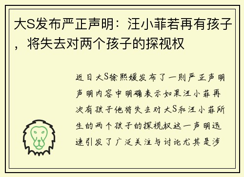 大S发布严正声明：汪小菲若再有孩子，将失去对两个孩子的探视权