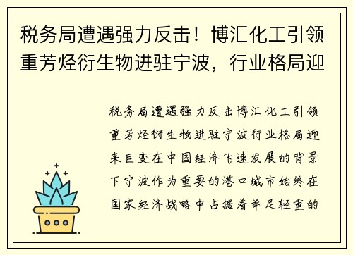 税务局遭遇强力反击！博汇化工引领重芳烃衍生物进驻宁波，行业格局迎来巨变