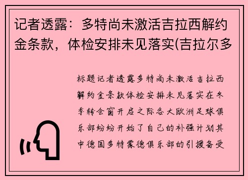 记者透露：多特尚未激活吉拉西解约金条款，体检安排未见落实(吉拉尔多特)