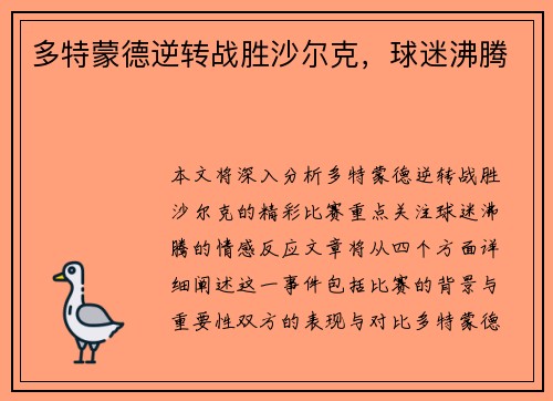 多特蒙德逆转战胜沙尔克，球迷沸腾